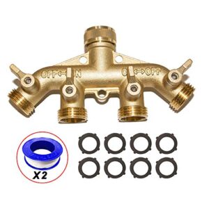 hqmpc 4 way hose splitter 3/4″ ght garden hose splitter 4 way solid brass hose connector heavy duty hose spigot adapter with 4 valves 8 gaskets +2 seal tapes