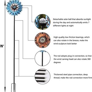 Solar Wind Spinner - Solar Powered Glass Ball 75in Multi Color Seasonal LED Lighting with Kinetic Dual Direction Metal Sculpture Construction for Outdoor Yard Lawn & Garden