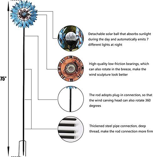 Solar Wind Spinner - Solar Powered Glass Ball 75in Multi Color Seasonal LED Lighting with Kinetic Dual Direction Metal Sculpture Construction for Outdoor Yard Lawn & Garden