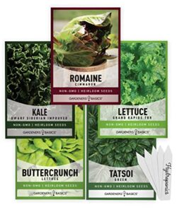 hydroponic seeds for planting planting indoors and outdoor 5 variety pack – tatsoi, kale, buttercrunch, romaine and loose leaf lettuce seeds by gardeners basics
