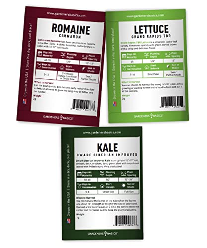 Hydroponic Seeds for Planting Planting Indoors and Outdoor 5 Variety Pack - Tatsoi, Kale, Buttercrunch, Romaine and Loose Leaf Lettuce Seeds by Gardeners Basics