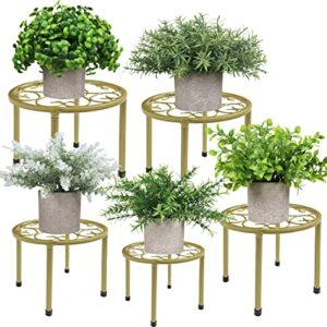 hainarvers metal plant stands 5-pack, heavy duty rustproof iron corner flower pot stand holder, round supports display rack tiered plant stand shelf for indoor and outdoor multiple (gold)