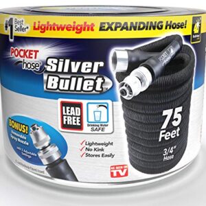 Pocket Hose Silver Bullet 75 ft Turbo Shot Nozzle Multiple Spray Patterns Expandable Garden Hose 3/4 in Solid Aluminum Fittings Lead-Free Lightweight and No-Kink