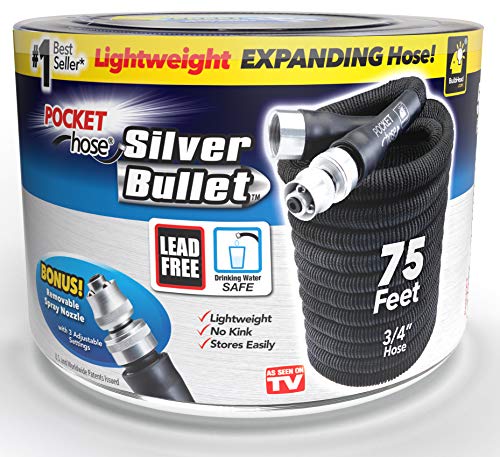 Pocket Hose Silver Bullet 75 ft Turbo Shot Nozzle Multiple Spray Patterns Expandable Garden Hose 3/4 in Solid Aluminum Fittings Lead-Free Lightweight and No-Kink