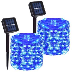 daylightir 2 pack 100 led solar powered copper wire string lights outdoor, waterproof, 8 modes fairy lights for garden, patio, party, yard, christmas (blue)
