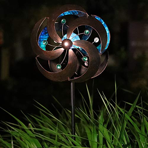 HDNICEZM Solar Wind Spinner Improved 360 Degrees Swivel Multi-Color LED Lighting Glass Ball with Kinetic Wind Spinner Vertical Metal Sculpture Stake Construction for Outdoor Yard Lawn & Garden.