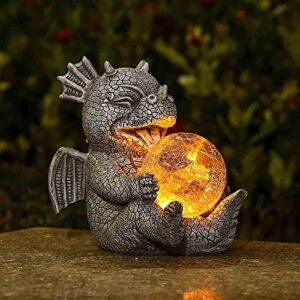 jy.cozy garden dragon statues – adorable baby resin dragon figurines, holding magic orb with solar led lights, outdoor spring decorations for patio yard lawn porch, ornament gift