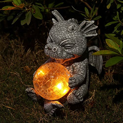 Jy.Cozy Garden Dragon Statues - Adorable Baby Resin Dragon Figurines, Holding Magic Orb with Solar LED Lights, Outdoor Spring Decorations for Patio Yard Lawn Porch, Ornament Gift