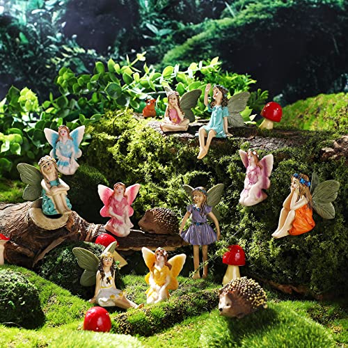 Roowest 16 Pieces Fairy Garden Accessories 10 Mini Garden Figurine Fairies Decor 2 Resin Hedgehogs 4 Mushroom Miniature for Pot Plants Mini Garden Lawn Yard Home Decorations