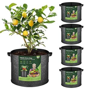 t4u fabric plant grow bags with handle 10 gallon pack of 5, heavy duty nonwoven smart garden pot thickened aeration nursery container black for outdoor flower and vegetables