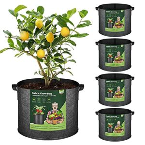 T4U Fabric Plant Grow Bags with Handle 10 Gallon Pack of 5, Heavy Duty Nonwoven Smart Garden Pot Thickened Aeration Nursery Container Black for Outdoor Flower and Vegetables