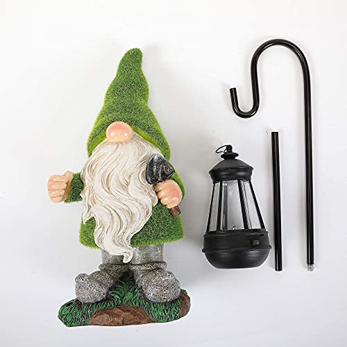HDNICEZM Flocked Garden Gnome Statue, Large Outdoor Gnome with Solar Lights, Funny Garden Figurines for Outdoor Home Yard Decor (15.8 Inch Tall)