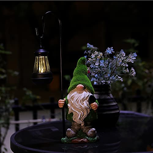 HDNICEZM Flocked Garden Gnome Statue, Large Outdoor Gnome with Solar Lights, Funny Garden Figurines for Outdoor Home Yard Decor (15.8 Inch Tall)