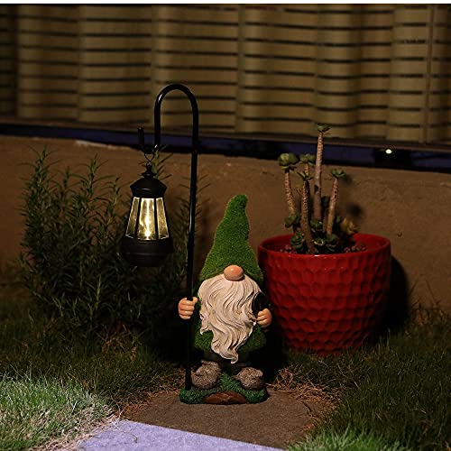 HDNICEZM Flocked Garden Gnome Statue, Large Outdoor Gnome with Solar Lights, Funny Garden Figurines for Outdoor Home Yard Decor (15.8 Inch Tall)