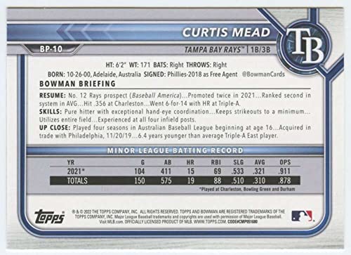 2022 Bowman Prospects #BP-10 Curtis Mead 1st Bowman Tampa Bay Rays MLB Baseball Trading Card