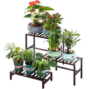 bamboo 3-tier ladder plant stand, planter holder flower pot display shelf, freestanding plants rack for home garden patio balcony indoor outdoor
