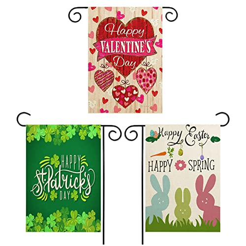 Valentine Day Garden Flag St Patricks Day Garden Flag Easter Garden Flags 3 Pack Outdoor Decorations for Seasonal Home Yard Spring…