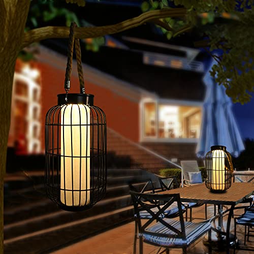 baterysu Large Outdoor Solar Lanterns Hanging Light Waterproof LED Garden Lights solar powered Retro Metal Auto On Off Table Lamp for Garden Patio Porch Lawn Pathway Walkway Tabletop Decorative(Black)