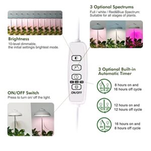 GrowLED Umbrella Herb Garden Grow Light, Height Adjustable, 7ft Cord, 8/12/16 Hours Automatic Timer, 10-Level Brightness, 3 Optional Spectrums, Suitable for Desktop/Large/Hanging Planters, White