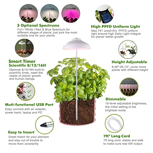 GrowLED Umbrella Herb Garden Grow Light, Height Adjustable, 7ft Cord, 8/12/16 Hours Automatic Timer, 10-Level Brightness, 3 Optional Spectrums, Suitable for Desktop/Large/Hanging Planters, White