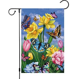 louise maelys spring garden flag 12×18 double sided vertical, burlap small butterfly floral flower welcome garden yard house flags outside outdoor house spring summer decoration (only flag)