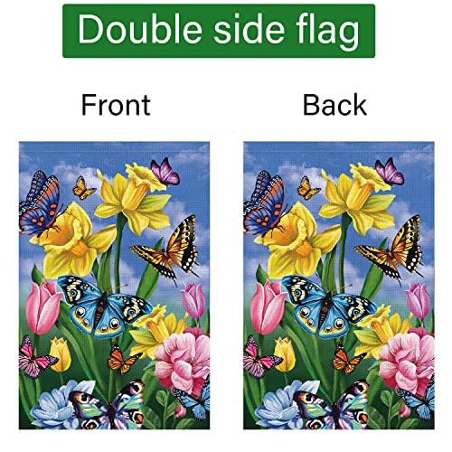 Louise Maelys Spring Garden Flag 12x18 Double Sided Vertical, Burlap Small Butterfly Floral Flower Welcome Garden Yard House Flags Outside Outdoor House Spring Summer Decoration (ONLY FLAG)