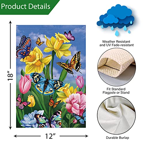 Louise Maelys Spring Garden Flag 12x18 Double Sided Vertical, Burlap Small Butterfly Floral Flower Welcome Garden Yard House Flags Outside Outdoor House Spring Summer Decoration (ONLY FLAG)