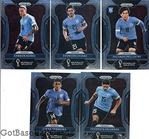 2022 Panini Prizm World Cup Qatar Uruguay Team Set of 10 Cards: Darwin Nunez(#273), Edinson Cavani(#274), Facundo Pellistri(#275), Lucas Torreira(#276), Federico Valverde(#277), Giorgian de Arrascaeta(#278), Jose Maria Gimenez(#279), Luis Suarez(#280), Ma