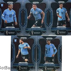 2022 Panini Prizm World Cup Qatar Uruguay Team Set of 10 Cards: Darwin Nunez(#273), Edinson Cavani(#274), Facundo Pellistri(#275), Lucas Torreira(#276), Federico Valverde(#277), Giorgian de Arrascaeta(#278), Jose Maria Gimenez(#279), Luis Suarez(#280), Ma