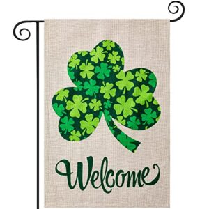 esttop st patricks day garden flag, welcome green clover st. pat’s decorations, double sided st patricks day decor, outdoor indoor yard flag 12.5×18 inch