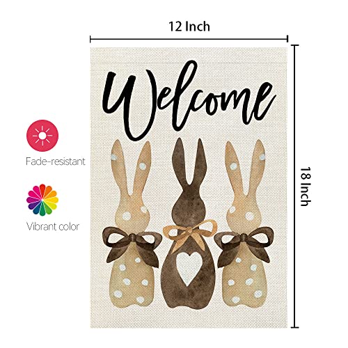 CROWNED BEAUTY Easter Bunnies Garden Flag 12x18 Inch Double Sided for Outside Burlap Small Polka Dots Brown Welcome Holiday Yard Flag CF718-12