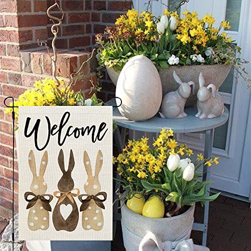 CROWNED BEAUTY Easter Bunnies Garden Flag 12x18 Inch Double Sided for Outside Burlap Small Polka Dots Brown Welcome Holiday Yard Flag CF718-12