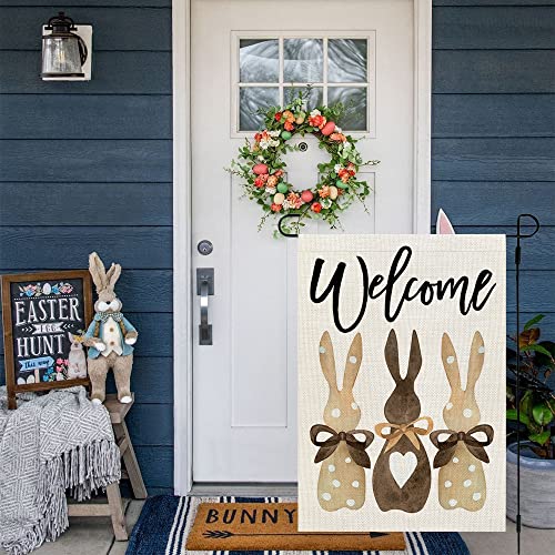 CROWNED BEAUTY Easter Bunnies Garden Flag 12x18 Inch Double Sided for Outside Burlap Small Polka Dots Brown Welcome Holiday Yard Flag CF718-12