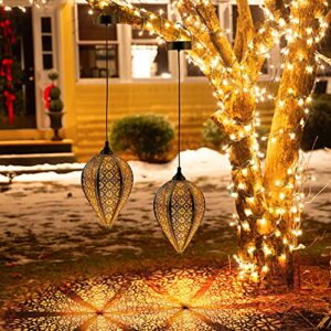solar outdoor lights lanterns waterproof – oxyled 2 pack hanging decorative metal lamps with pattern for outside patio tree garden yard front porch backyard pathway christmas decor decorations gifts
