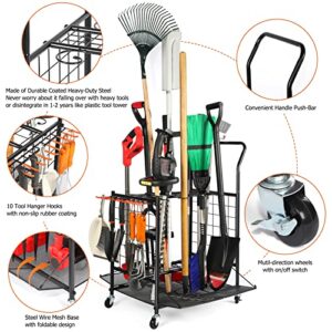 Kingarage Garden Tool Organizer, Garden Tool Storage on Wheels, Tool Tower Garage Storage, Long Handle Tool Storage for Shed, Garage, Garden Steel, Black