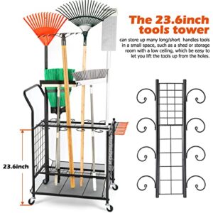 Kingarage Garden Tool Organizer, Garden Tool Storage on Wheels, Tool Tower Garage Storage, Long Handle Tool Storage for Shed, Garage, Garden Steel, Black