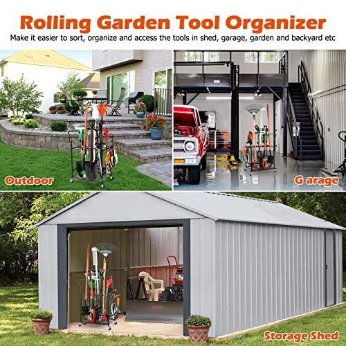 Kingarage Garden Tool Organizer, Garden Tool Storage on Wheels, Tool Tower Garage Storage, Long Handle Tool Storage for Shed, Garage, Garden Steel, Black