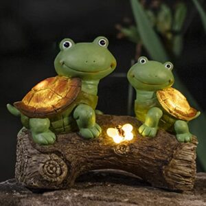 garden statue turtles figurine – cute frog face turtles animal sculpture with solar led lights for indoor outdoor spring decorations, patio yard lawn ornaments, gifts for mom