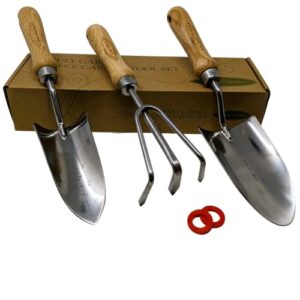 classic 3 piece garden hand tool set made with wooden handle and stainless steel. includes large trowel, cultivator hand rake, and transplanter trowel. tools are large and heavy duty. by truly garden