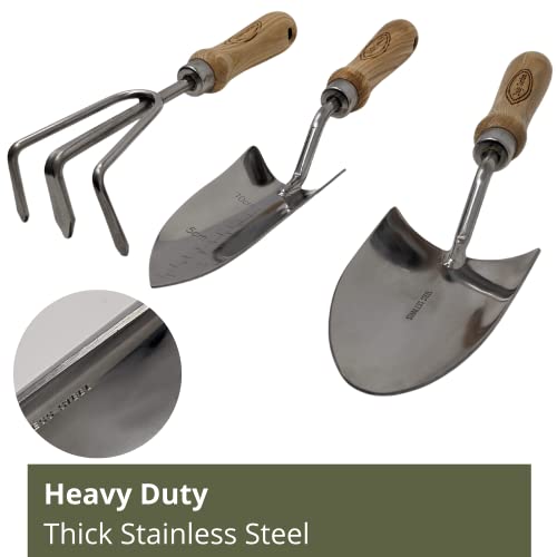 Classic 3 Piece Garden Hand Tool Set Made with Wooden Handle and Stainless Steel. Includes Large Trowel, Cultivator Hand rake, and Transplanter Trowel. Tools are Large and Heavy Duty. by Truly Garden