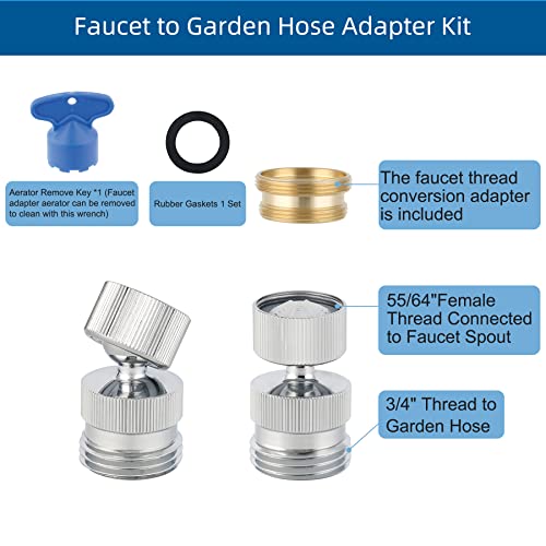 Hibbent Garden Hose Adapter Kit, Sink Swivel Faucet Aerator Adapter to Connect Garden Hose, Multi-Thread Garden Hose with Cache Faucet Aerator Key for Male to Male and Female to Male, Chrome Finish