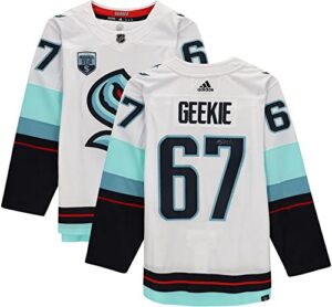 morgan geekie white seattle kraken autographed white adidas jersey with inaugural season patch – autographed nhl jerseys