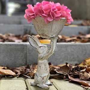 antique white cast iron rabbit with flower bird feeder – 6 inch plant pot or feeder – (cute planter for garden decor for outside)