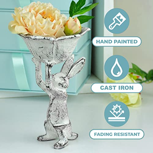 Antique White Cast Iron Rabbit with Flower Bird Feeder - 6 Inch Plant Pot or Feeder - (Cute Planter for Garden Decor for Outside)