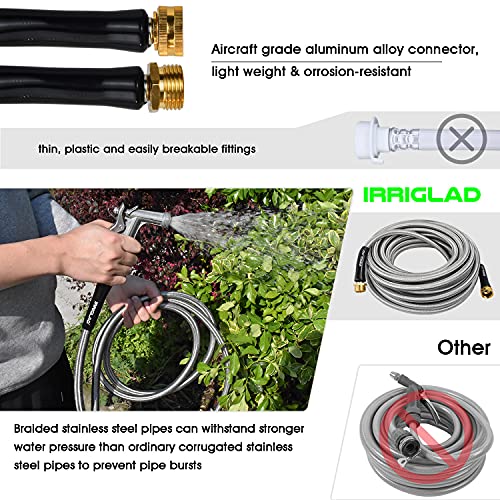 IRRIGLAD Garden Hose 304 Stainless Steel Metal Braided Hose, Lightweight, Kink-Free, Tough, Flexible Water Hose Rust Proof, Puncture, Portable, Universal Aircraft Grade Aluminum Alloy Connector, 25FT