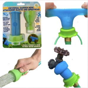 rinseroo: universal garden hose attachment sleeve and sprayhead. easily connect a hose to most water sources. stretch to connect. no adapter needed.