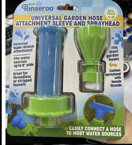 Rinseroo: Universal Garden Hose Attachment Sleeve and Sprayhead. Easily Connect a Hose to Most Water Sources. Stretch to Connect. No Adapter Needed.