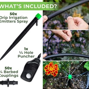 CARPATHEN Drip Irrigation Emitters Spray - 50 pcs Drip Sprinkler Head for 1/4 inch Drip Irrigation Tubing, 360 Degree Adjustable Drip Emitters Sprayer for Garden Irrigation System, Lawn, Flower Beds