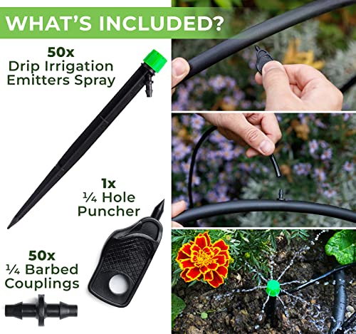 CARPATHEN Drip Irrigation Emitters Spray - 50 pcs Drip Sprinkler Head for 1/4 inch Drip Irrigation Tubing, 360 Degree Adjustable Drip Emitters Sprayer for Garden Irrigation System, Lawn, Flower Beds