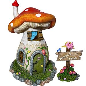 mood lab fairy garden – mushroom house kit with miniature welcome sign – accessories set of 2 pcs – 7.6 inch tall house